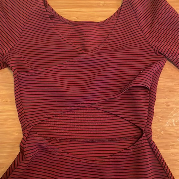 Burgundy open x back skater dress with navy pin stripes - Picture 2 of 3